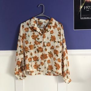 retro orange floral print button up top